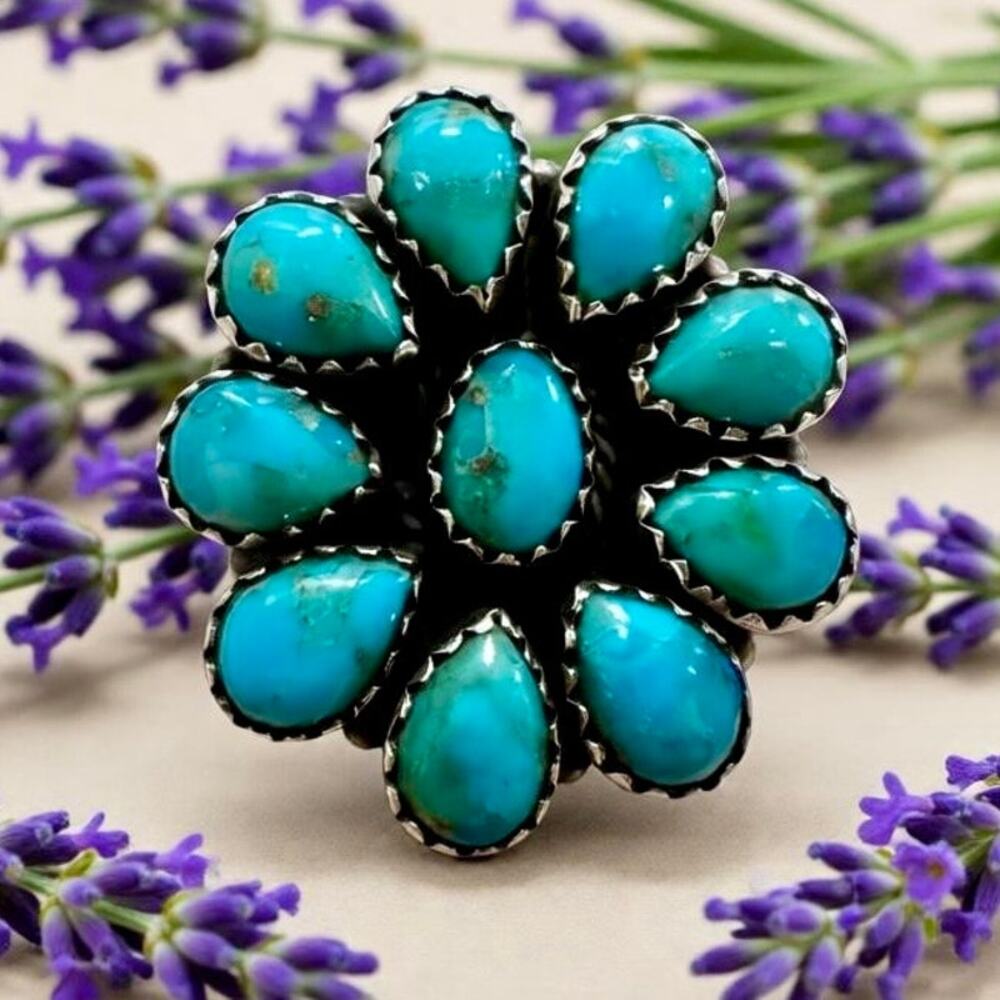 Kingman Turquoise Cluster Ring Sterling Silver 925 Oval Teardrop Sawtooth Size 7 - Picture 4 of 10